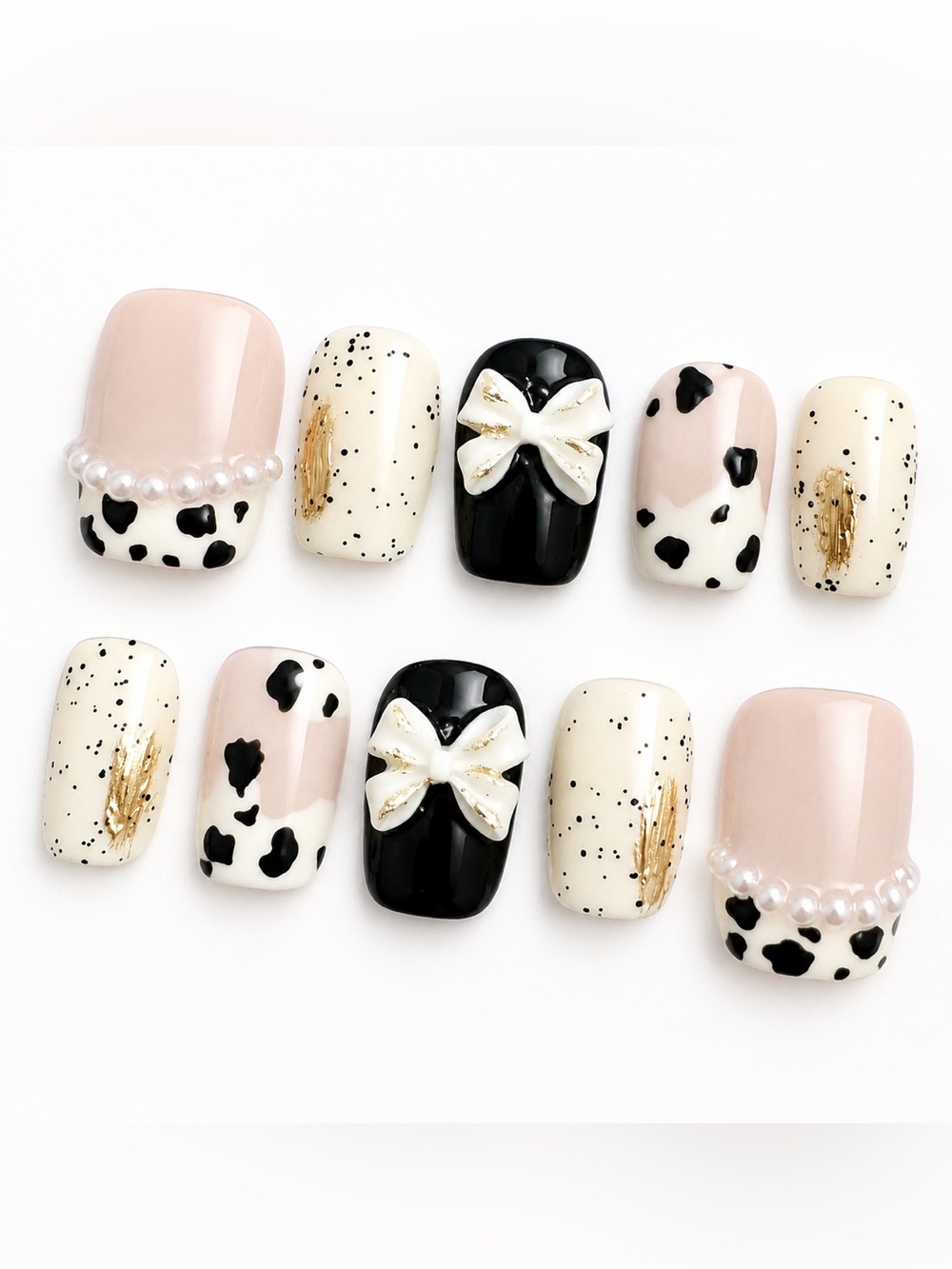 Black & Cream Bow Accent Press-On Nail Set